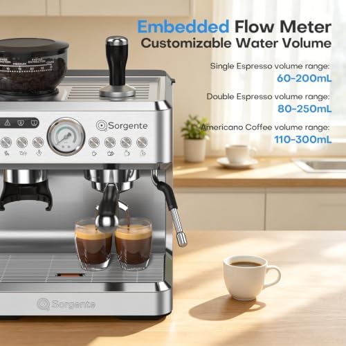 Sorgente Espresso Machine with Grinder, Brushed Stainless Steel