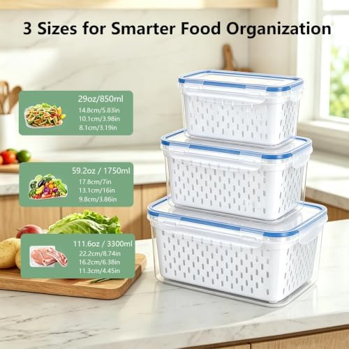 3 Pack Fruit Storage Containers for Fridge with Lids