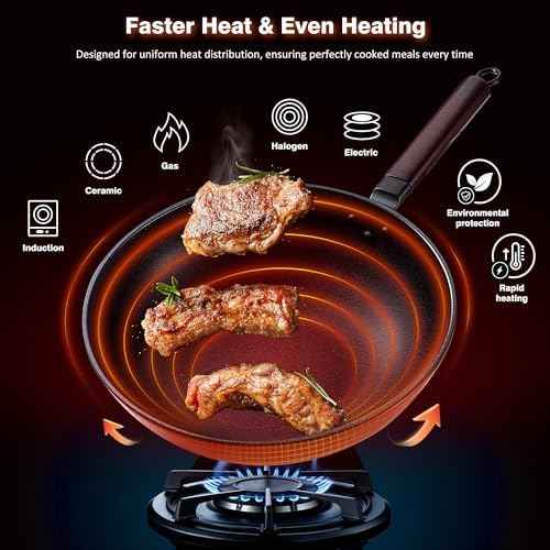 Teewe Carbon Steel Wok, 13" Woks & Stir-fry Pans Nonstick with Glass Lid