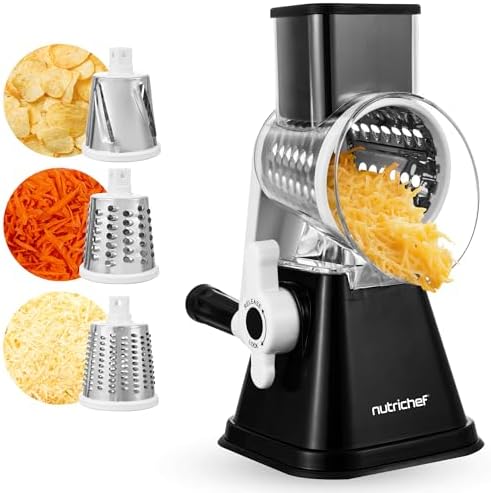 Nutrichef 3-in-1 Rotary Cheese Grater, Black