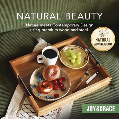 Joy&Grace Acacia Wood Ottoman Tray with Handles 16.7" x 12.8"