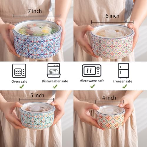 Ceramic Nesting Bowl Set with Lids, Microwave Safe, Set of 4