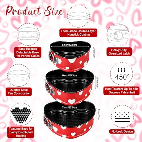 LemonRoad 3 Pcs Valentines Heart Springform Cake Pan 5, 6, 7 Inches