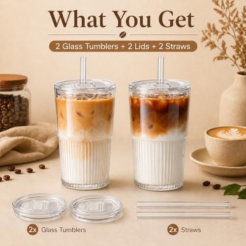 Haundry Ribbed Glass Cups with Lids and Straws (2 Pack), 16oz Iced