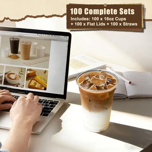 Zcaukya 100 Pack 16oz Plastic Cups with Lids and Straws, Disposable