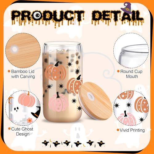 SiliFine 6 Pcs Halloween Glass Cups, 16 oz with Lids and Straws