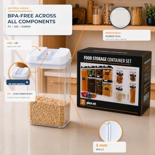 Airtight Food Storage Containers, 7-Piece White Set for Pantry