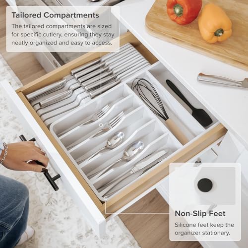 KitchenEdge Silverware & Utensil Organizer | White Bamboo, Fixed