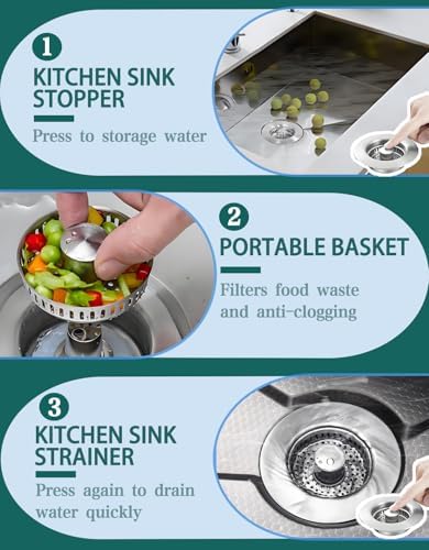 3 in 1 Kitchen Sink Drain Strainer 2 Pack - Stainless Steel Pop Up