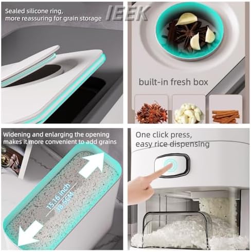 IEEK Rice Dispenser 12 Lbs,Large Cereal Dry Food Storage Containers Rice Storage Container Sealed Moisture Proof with Measuring Cup for Kitchen Pantry Household, White and Grey