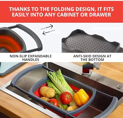 Set of 3 Red Food Strainer for Kitchen - Silicone Sieve Small Foldable