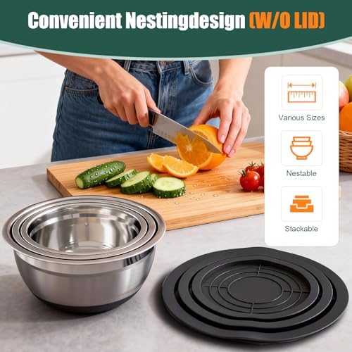 Stainless Steel Mixing Bowls Set with Lids & Silicone Base,7‐Piece Set