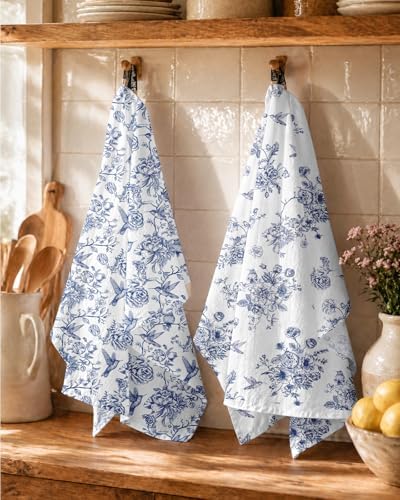 Miss Adola Flour Sack Kitchen Towels Set of 2, 18x26 Inch, Blue Floral