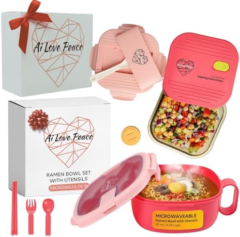 AI LOVE PEACE Microwave Ramen Bowl & Glass Meal Prep Container Bundle