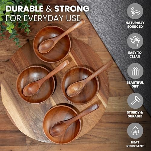 Zulay Kitchen Teak Wood Dipping Bowls with Spoons Set – 8 Piece Wooden