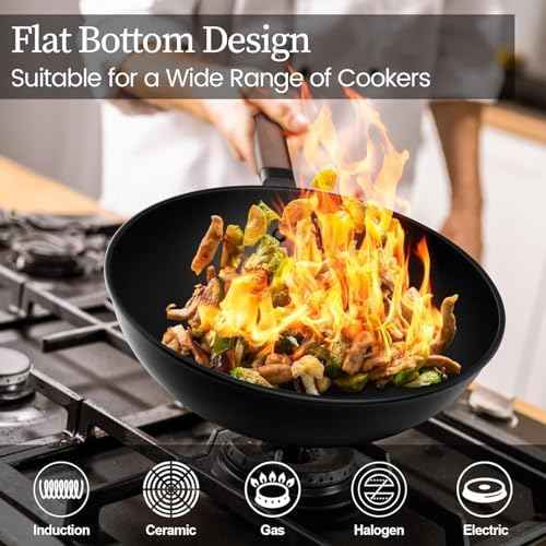 Todlabe 13 Inch Wok with Glass Lid & Silicone Spatula, Naturally Non‑Stick