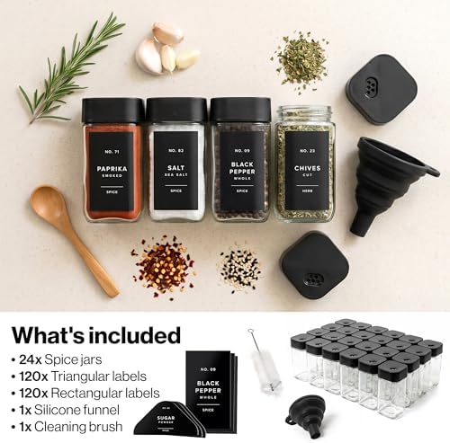 EDELHAUS Glass Square Spice Jars with Label, 24x Black Sprinkle Lids
