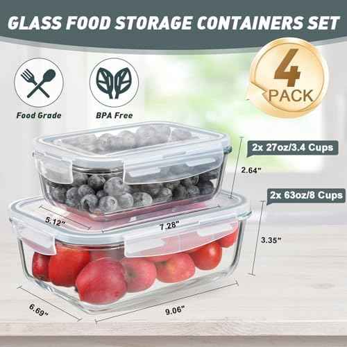 KOMUEE 4 Pack Glass Food Storage Containers Set with Lids