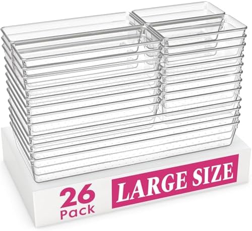 Criusia Large Drawer Organizer Bins 26 Pack | Complete 5 Size Clear