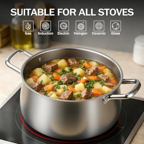 Tifanso 8QT Tri-Ply Stainless Steel Induction Stock Pot with Lid