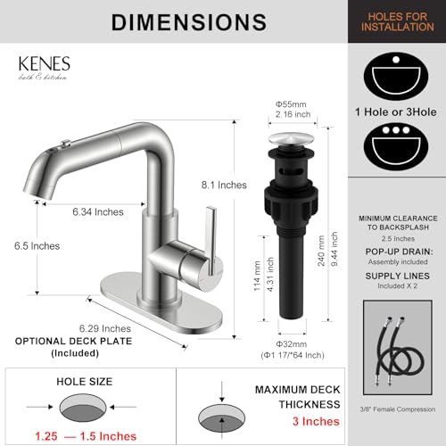 KENES 1 Hole Pull Out Bathroom Faucet, Brushed Nickel