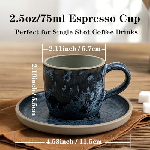 Pilnocok Ceramic Espresso Cups with Saucers Set of 2,2.5oz/75ml -Blue