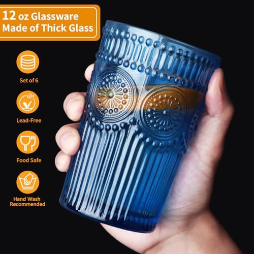 Loivttvv 6pcs Vintage Drinking Glasses Set, 12 oz Blue Highball