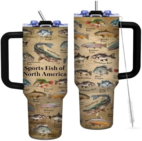 Fish Gifts for Dad, 40oz Tumbler with Handle and Straw, Fishing Gifts
