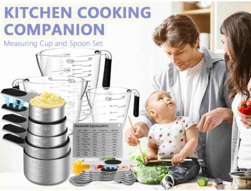 Magnetic Measuring Cups and Spoons Set,Stainless Steel 5 Dry & Liquid Measuring Cups Dry,7 Magnetic Measuring Spoons,3 Plastic Measuring Cup with 1 Measuring Conversion Chart for Cooking & Baking