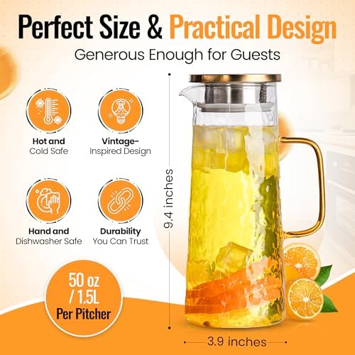 Glass Water Pitcher 2 Pack with Lid & Filter, 50 oz 1.5L Borosilicate