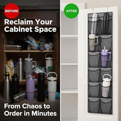 2-Pack Over-the-Door Water Bottle Organizer, 12 Pockets Each, Black &