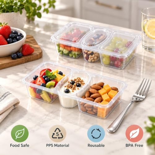 HI-REEKE 8 OZ New 3 Compartment Snack Containers, 20 Sets Bigger
