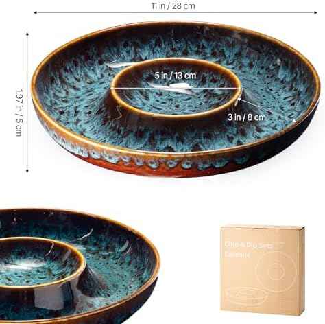 Ceramic Chips and Dip Serving Tray - Large Divided Party Bowl Set for Salsa, Veggies, Fruit & Snacks - Modern Minimalist Appetizer Platter with Unique Kiln-Change Glaze (Red Speckled)