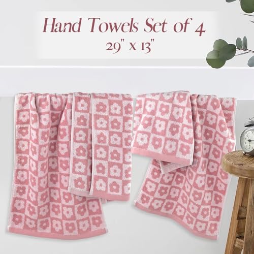 Jacquotha Pink Checkered Floral Hand Towels