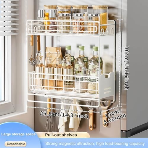 Magnetic Refrigerator Shelf with Sliding Shelf, White, 5 Hooks