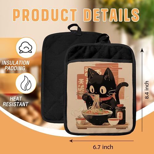 Japanese Sushi Ramen Black Cat Pot Holders, Set of 2