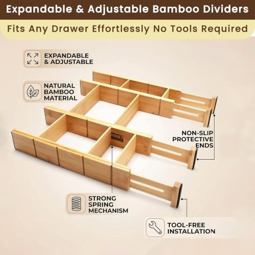 6 Pack Bamboo Drawer Dividers with 12 Inserts, Adjustable 17–22 Inch