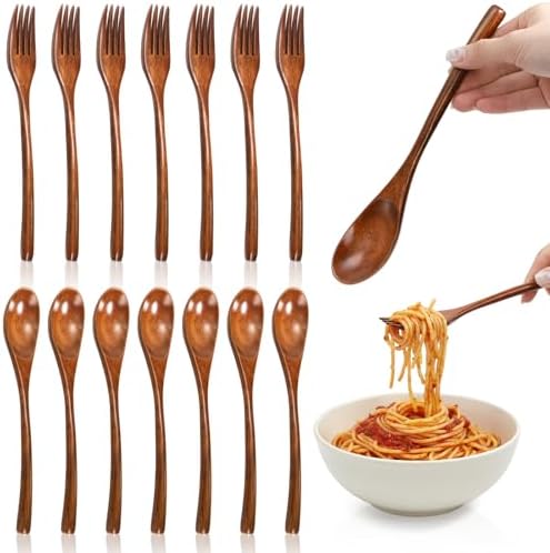 16 Pcs 9" Wooden Spoons Forks Set, Wood Dinner Utensil Set for Eating