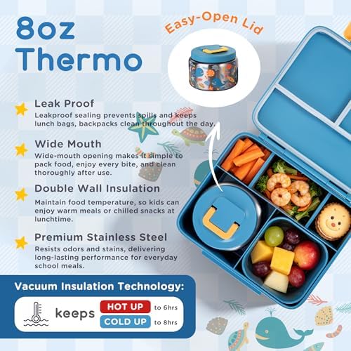 Kids Bento Lunch Box with 8oz Thermo, Ice Pack & Dividers for School