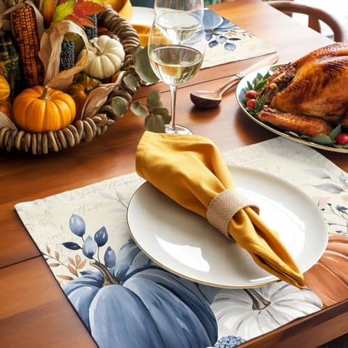Fall Placemats Set of 4 Blue Pumpkin Place Mats Floral Leaves Autumn