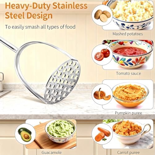 Stainless Steel Potato Masher, 14 in Length, Long Handle Design