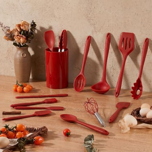 LIANYU 14 Pcs Silicone Cooking Utensils Set with Holder, Red