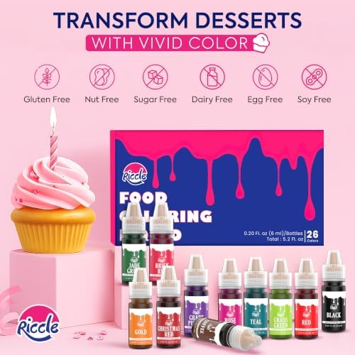 Riccle Food Coloring for Baking - 26 Bright Food Coloring Liquid Set