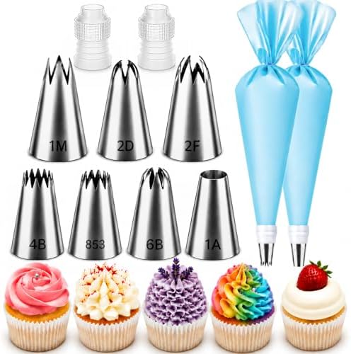 Hendiy Large Piping Tips Set, 2D 2F 1M 4B 1A 6B 853 with Reusable Bag