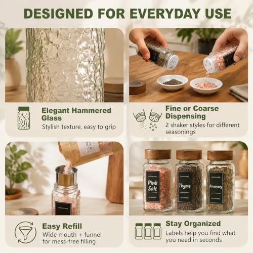 24 Pack 4oz Hammered Glass Spice Jars with Wood Lids, Dual Shaker