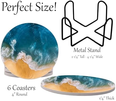 Ocean Coastal Theme Round Coasters Set of 6 - Abosrbent Ceramic