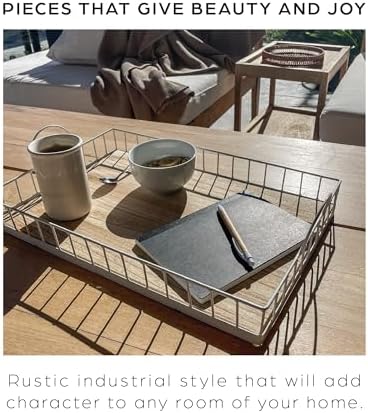 Rectangular Wooden Serving Tray with Wire Frame Metal Handles