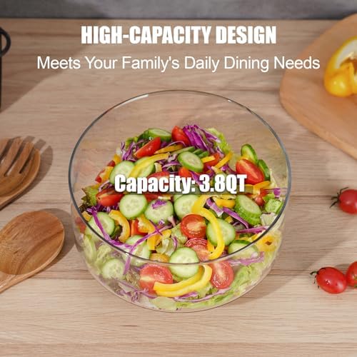 NiHome Glass Salad Bowl with Acacia Wood Salad Tongs, Large Capacity