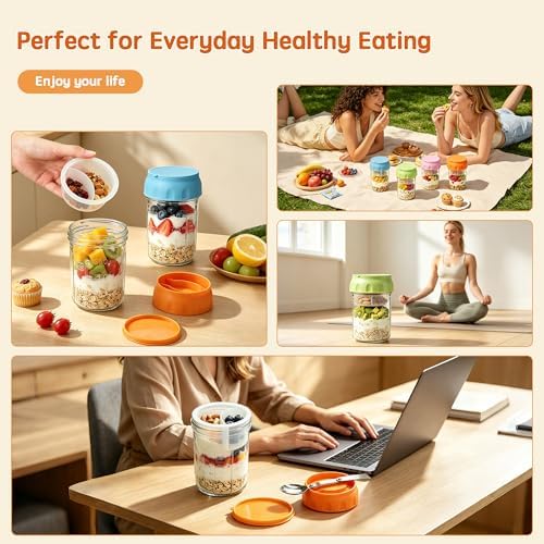16oz Overnight Oats Containers with Lids & Folding Spoons, 4 Pack