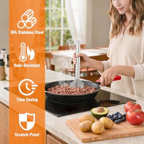 Meat Masher, Stainless Steel 6-Blade Ground Beef Masher with a Brush